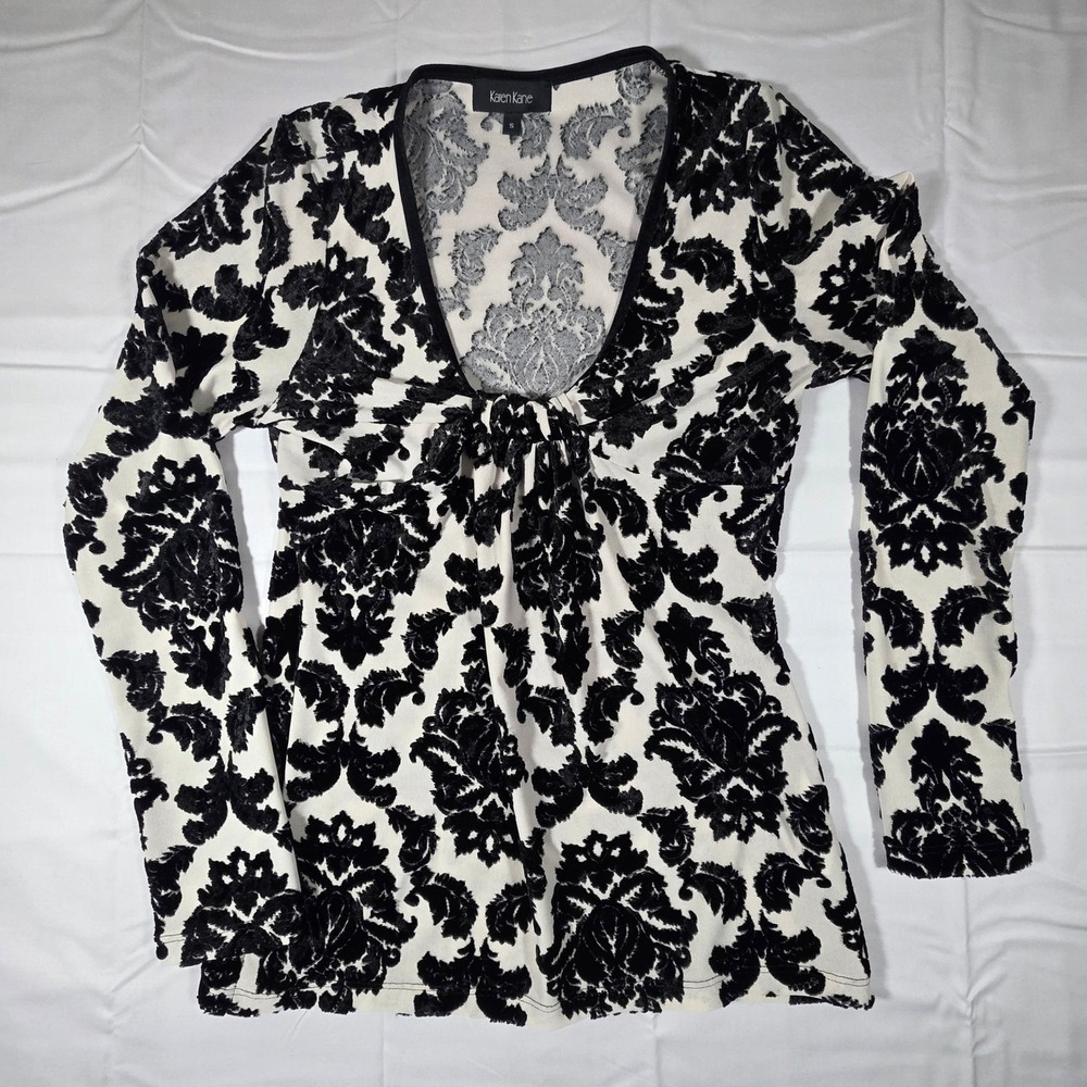 Karen Kane Womens Small Black White Damask Velvet Burnout V-Neck Top Long Sleeve